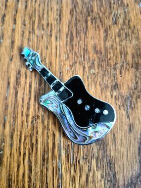 Vintage Alpaca Silver Mexico Abalone & Onyx Guitar Pendant Brooch Pin